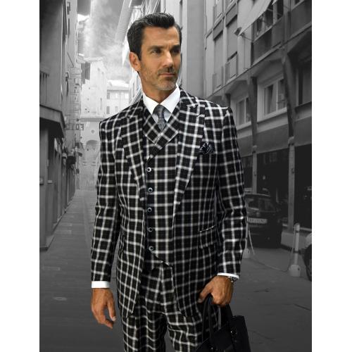 Statement "Naples" Black / Silver / Orange Plaid Super 150's Wool Vested Wide Leg Suit